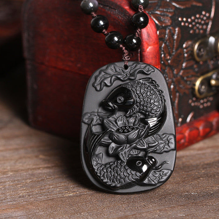 Buddha Stones Collana con ciondolo di perline di forza di loto di pesce koi di ossidiana nera naturale