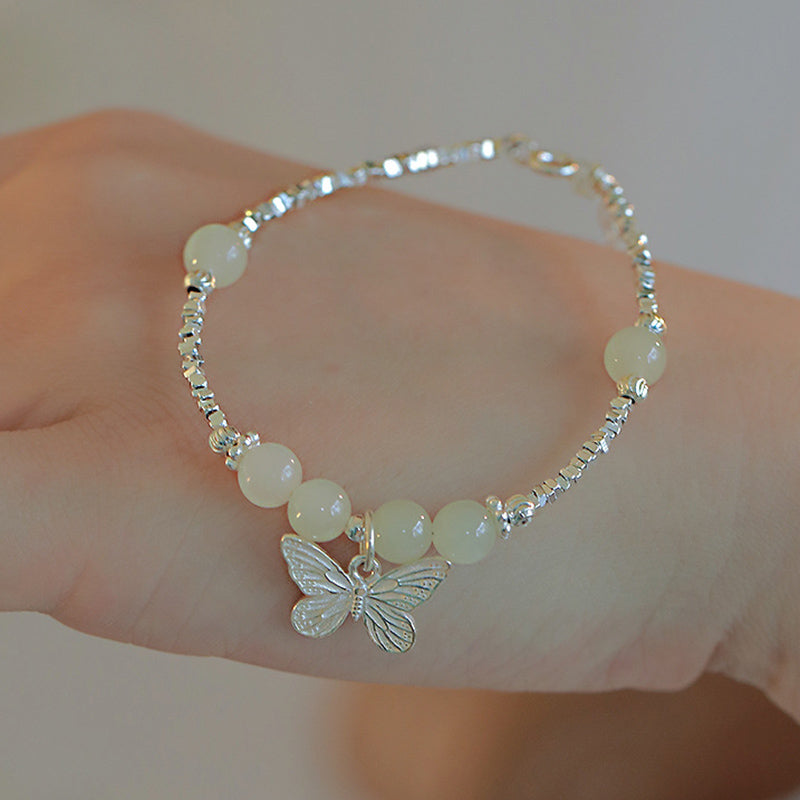 Bracciale con ciondolo a forma di farfalla in giada naturale Hetian in argento sterling 925 Buddha Stones