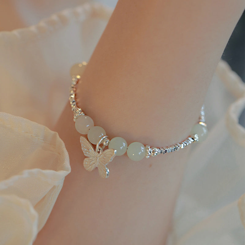 Bracciale con ciondolo a forma di farfalla in giada naturale Hetian in argento sterling 925 Buddha Stones