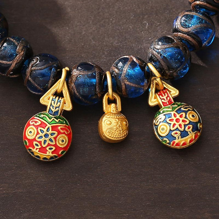 Braccialetto della fortuna con perline di vetro blu Liuli, ciondolo portafortuna in oro Buddha Stones bestia che ingoia