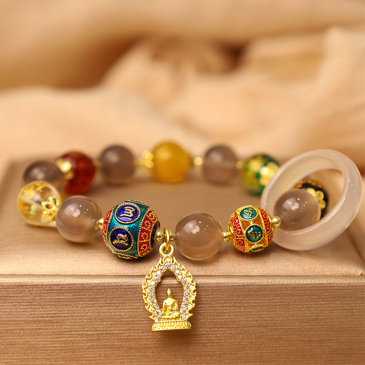 Buddha Stones Agata grigia naturale Cinque direzioni Dei della ricchezza Om Mani Padme Hum Bracciale con ciondolo Buddha