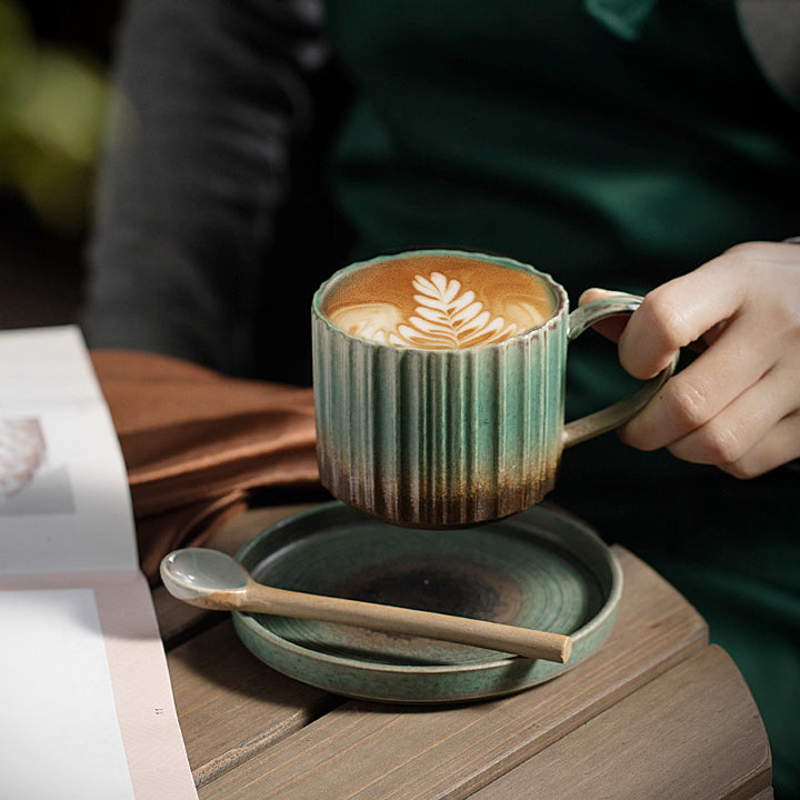 Buddha Stones Retro a strisce Kiln Change Tazza da caffè in ceramica Tazza da tè in ceramica grezza con piattino 250 ml