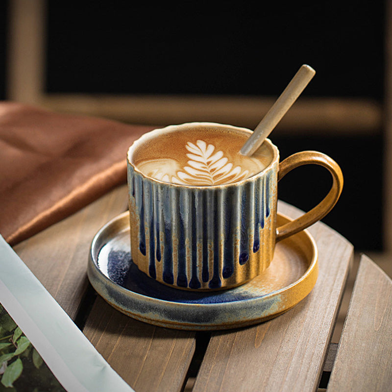 Buddha Stones Retro a strisce Kiln Change Tazza da caffè in ceramica Tazza da tè in ceramica grezza con piattino 250 ml