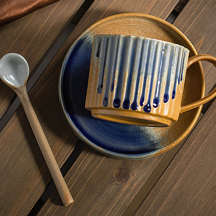 Buddha Stones Retro a strisce Kiln Change Tazza da caffè in ceramica Tazza da tè in ceramica grezza con piattino 250 ml