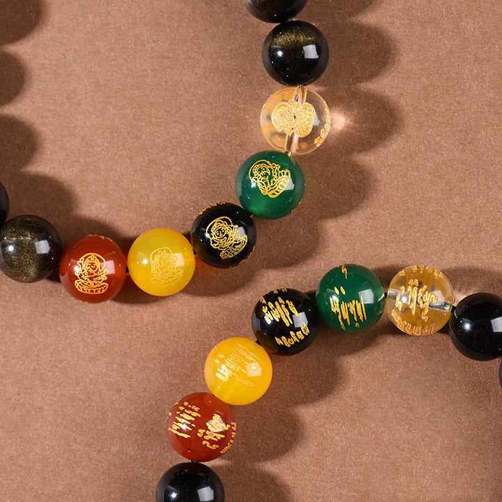 Buddha Stones Oro Lucentezza Ossidiana Ossidiana Arcobaleno Ossidiana Nera Cinque Direzioni Braccialetto degli Dei della Ricchezza