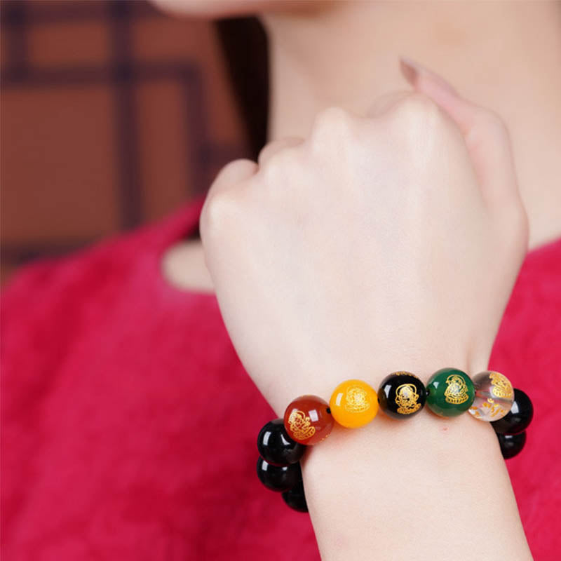 Buddha Stones Oro Lucentezza Ossidiana Ossidiana Arcobaleno Ossidiana Nera Cinque Direzioni Braccialetto degli Dei della Ricchezza