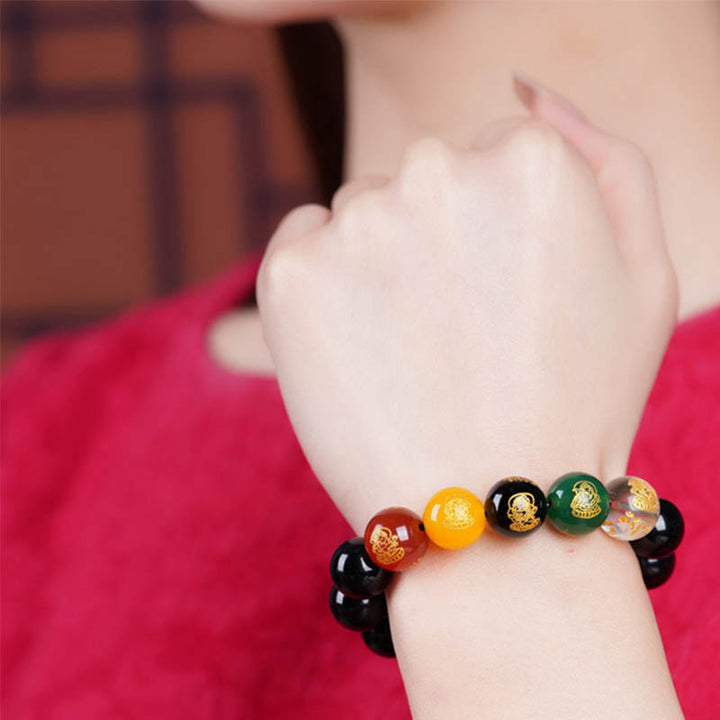 Buddha Stones Oro Lucentezza Ossidiana Ossidiana Arcobaleno Ossidiana Nera Cinque Direzioni Braccialetto degli Dei della Ricchezza