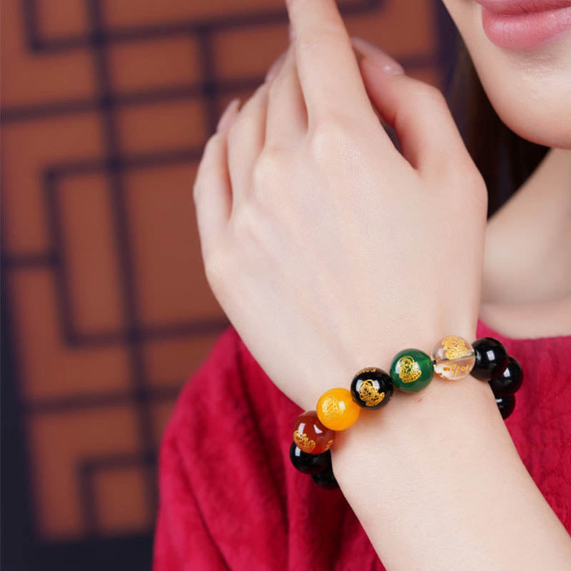 Buddha Stones Oro Lucentezza Ossidiana Ossidiana Arcobaleno Ossidiana Nera Cinque Direzioni Braccialetto degli Dei della Ricchezza