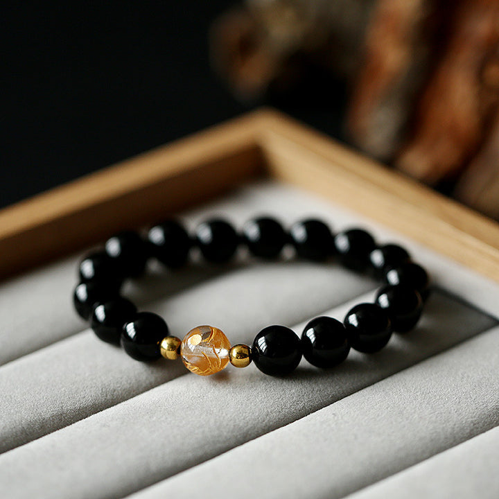 Bracciale Buddha Stones Naturale Ossidiana Nera Cristallo Bianco Onice Nero Forza Drago