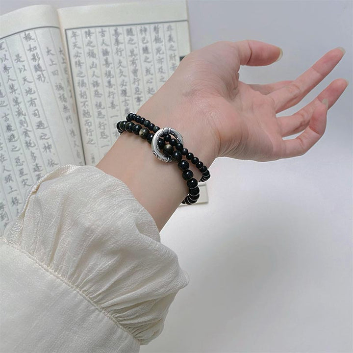 Bracciale Buddha Stones 999 Sterling Silver Black Obsidian Fulfillment Strength Double Layer