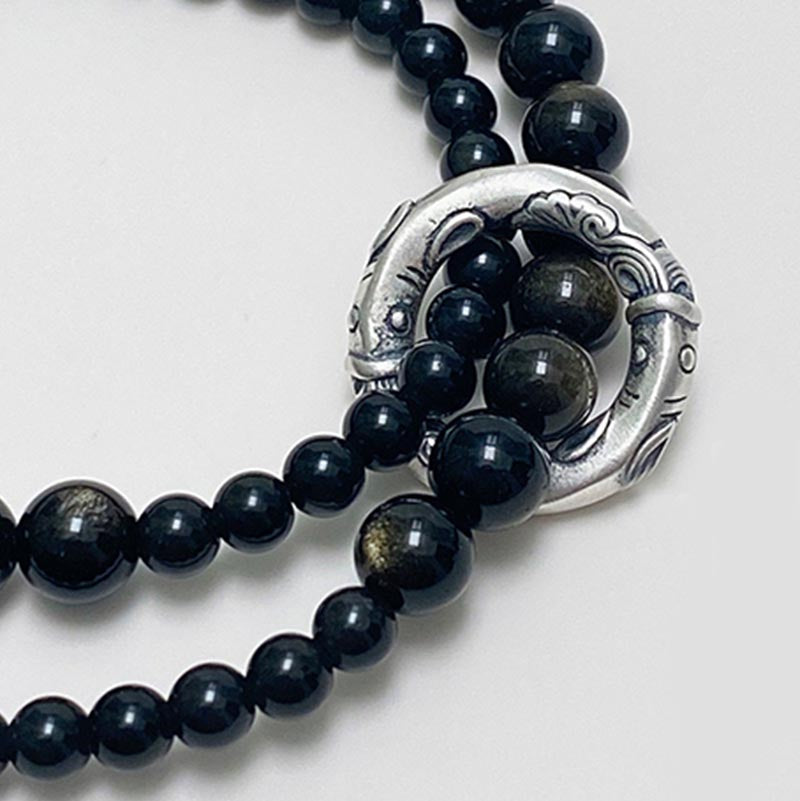 Bracciale Buddha Stones 999 Sterling Silver Black Obsidian Fulfillment Strength Double Layer