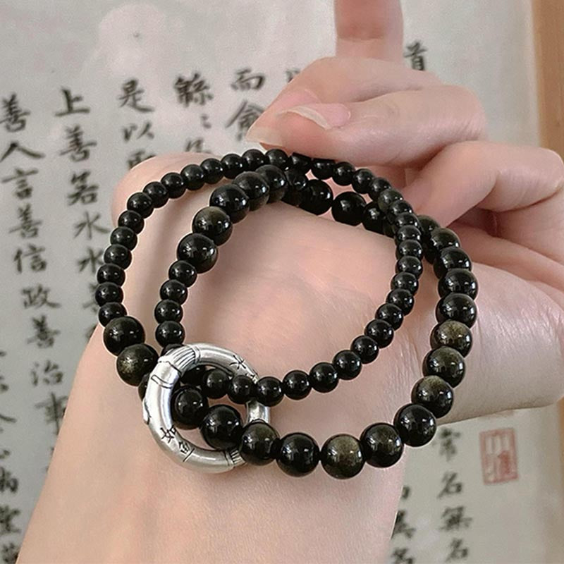 Bracciale Buddha Stones 999 Sterling Silver Black Obsidian Fulfillment Strength Double Layer