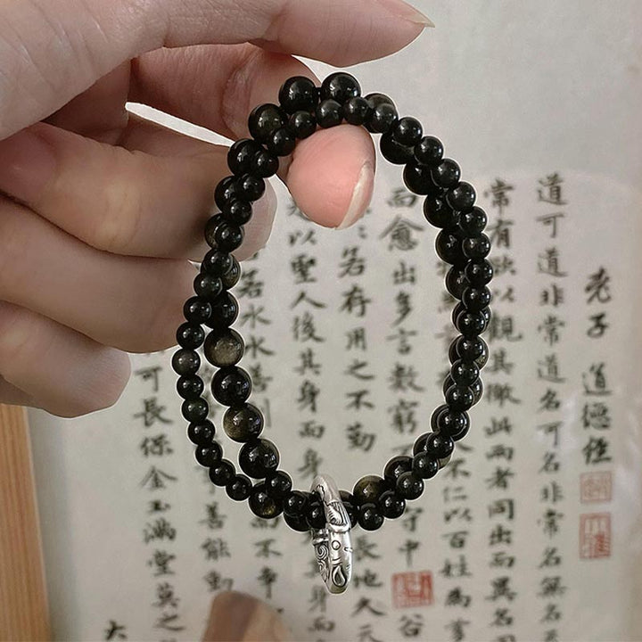 Bracciale Buddha Stones 999 Sterling Silver Black Obsidian Fulfillment Strength Double Layer