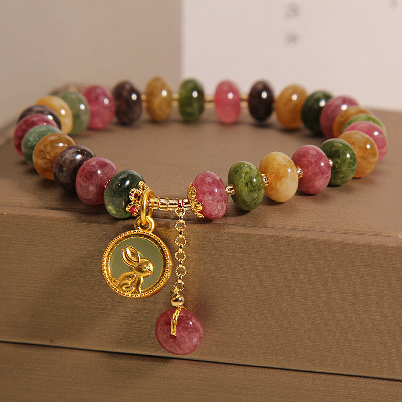 Braccialetto positivo con ciondolo coniglio carino e tormalina colorata naturale Buddha Stones