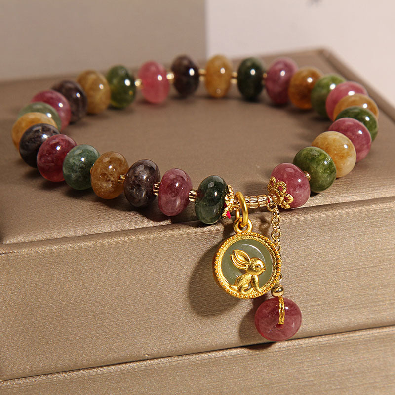 Braccialetto positivo con ciondolo coniglio carino e tormalina colorata naturale Buddha Stones