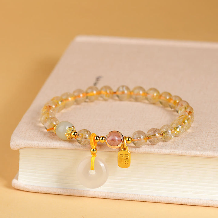 Braccialetto con ciondolo a fibbia per la pace, carattere Fu, in quarzo rutilato dorato naturale Buddha Stones