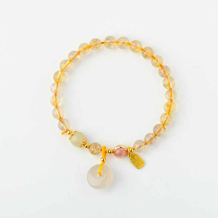 Braccialetto con ciondolo a fibbia per la pace, carattere Fu, in quarzo rutilato dorato naturale Buddha Stones