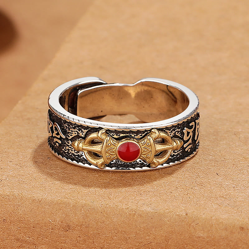 Anello della saggezza tibetano Buddha Stones Om Mani Padme Hum in agata rossa Dorje Vajra