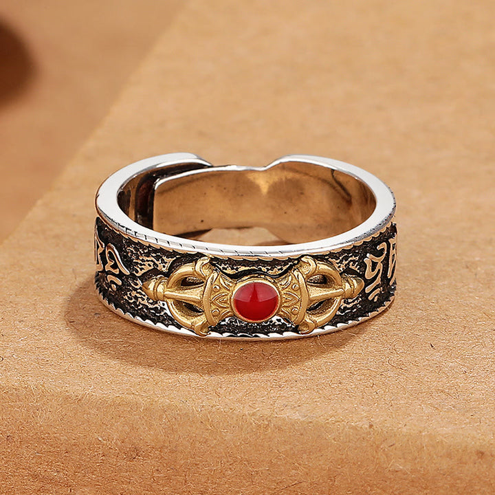 Anello della saggezza tibetano Buddha Stones Om Mani Padme Hum in agata rossa Dorje Vajra