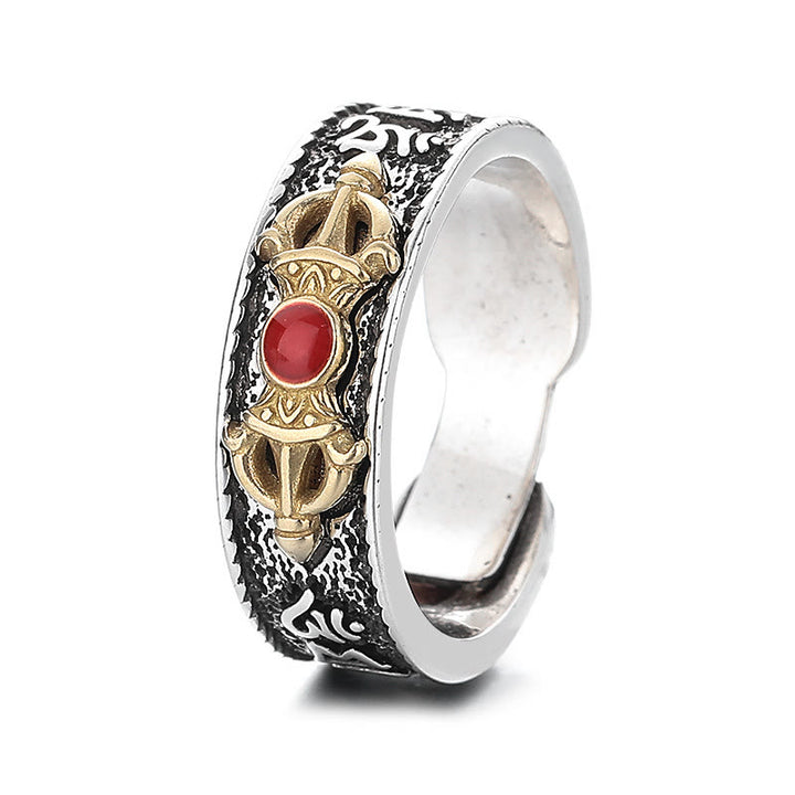 Anello della saggezza tibetano Buddha Stones Om Mani Padme Hum in agata rossa Dorje Vajra