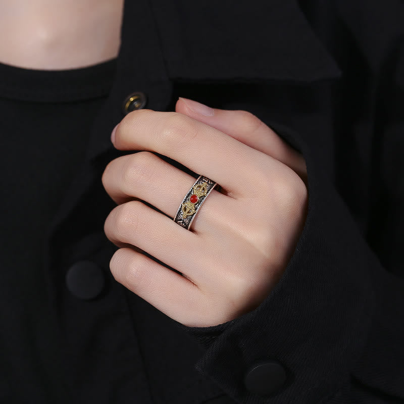 Anello della saggezza tibetano Buddha Stones Om Mani Padme Hum in agata rossa Dorje Vajra