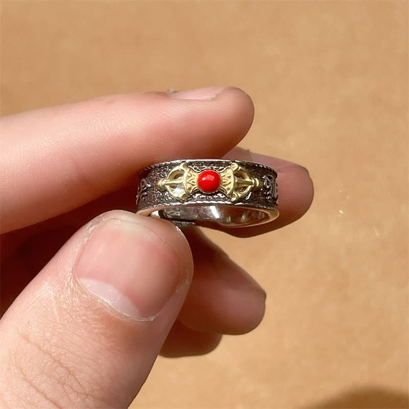 Anello della saggezza tibetano Buddha Stones Om Mani Padme Hum in agata rossa Dorje Vajra