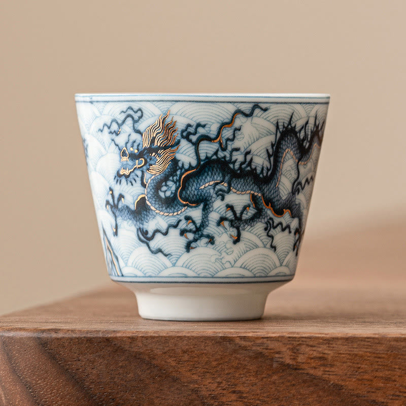 Buddha Stones Piccola tazza da tè in ceramica con motivo drago blu e bianco Tazze da tè Kung Fu 45 ml