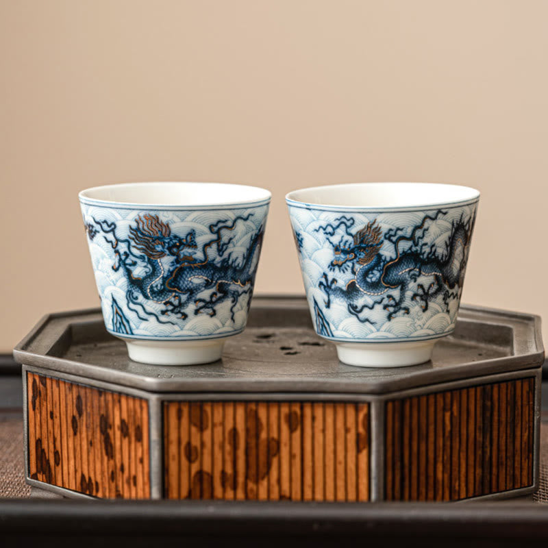 Buddha Stones Piccola tazza da tè in ceramica con motivo drago blu e bianco Tazze da tè Kung Fu 45 ml