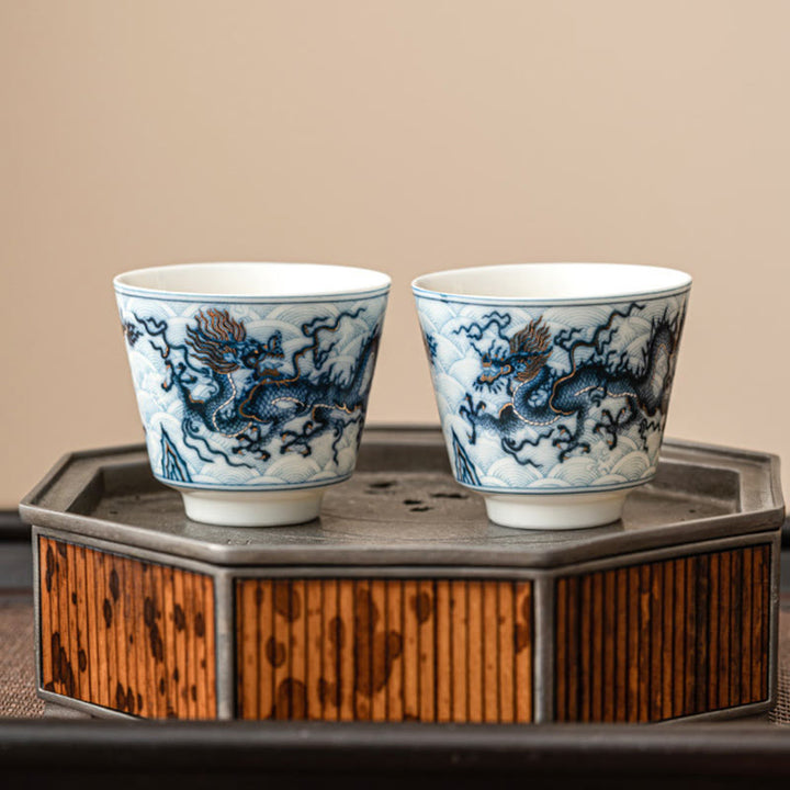 Buddha Stones Piccola tazza da tè in ceramica con motivo drago blu e bianco Tazze da tè Kung Fu 45 ml