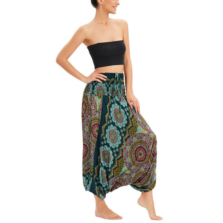 Pantaloni harem larghi con motivo a fiori mandala, pantaloni a vita alta, pantaloni da tuta, pantaloni da due stili Buddha Stones - image 1