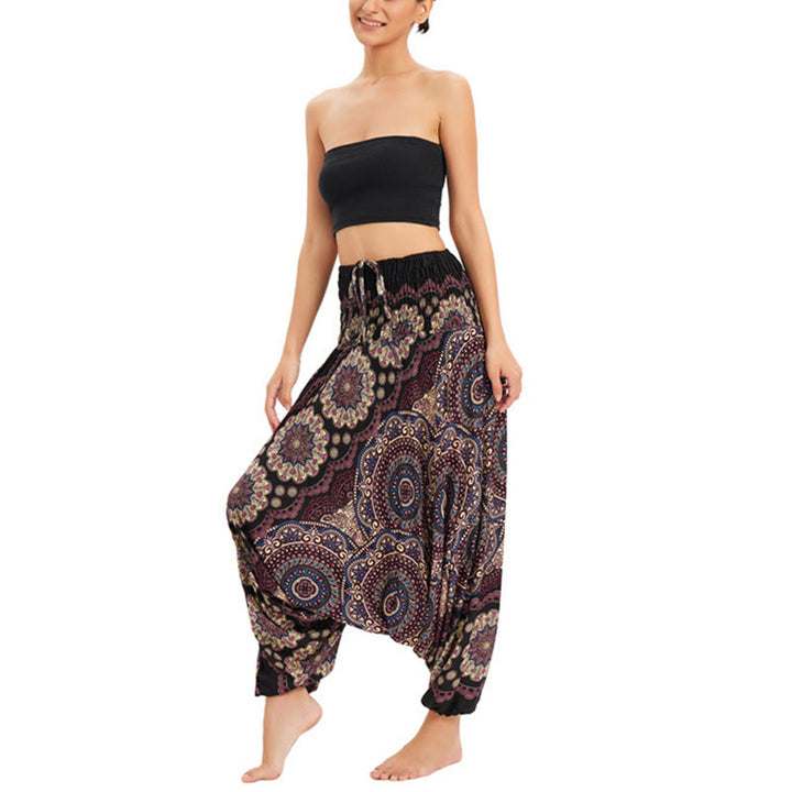 Pantaloni harem larghi con motivo a fiori mandala, pantaloni a vita alta, pantaloni da tuta, pantaloni da due stili Buddha Stones - Oro marrone - US2-12, UK/AU6-16,EU34-44 (F) - image 6