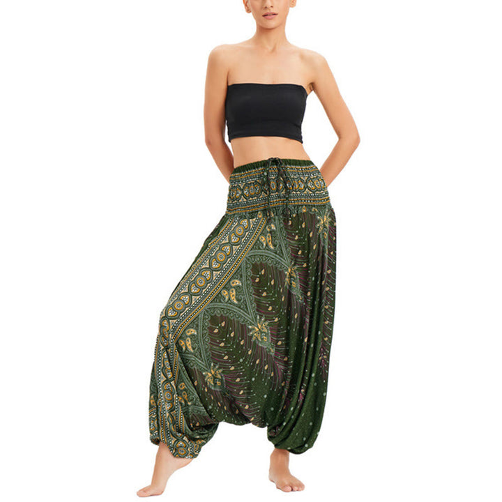 Pantaloni harem larghi e arricciati in piuma di pavone, pantaloni a vita alta, tuta, Buddha Stones Two Style - Verde scuro - US2-12, UK/AU6-16, EU34-44 (F) - image 13