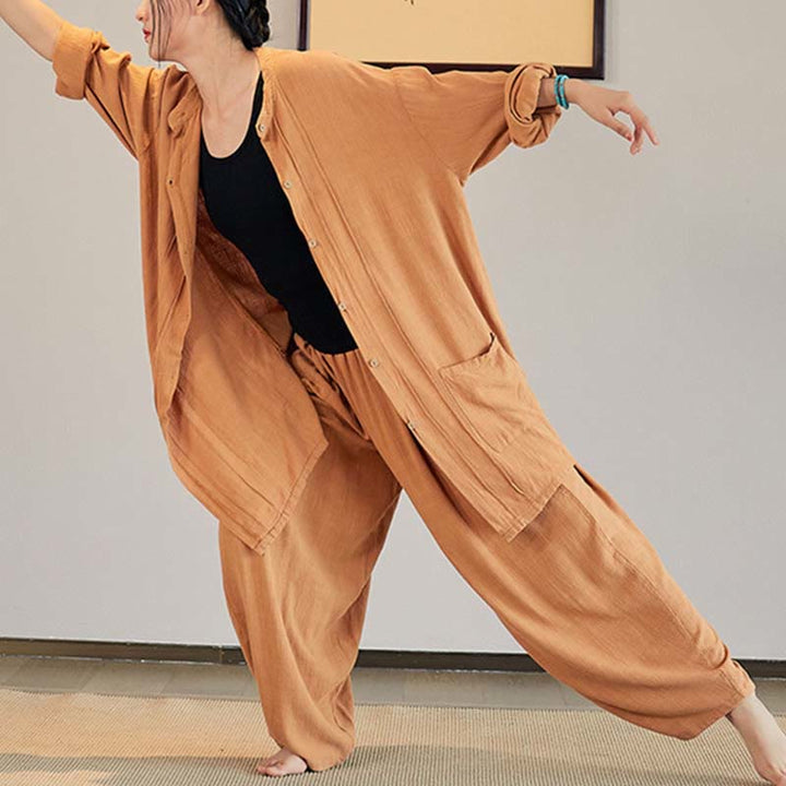 Buddha Stones Plain Long Sleeve Coat Jacket Top Pantaloni a gamba larga Zen Tai Chi Yoga Meditazione Abbigliamento - image 26