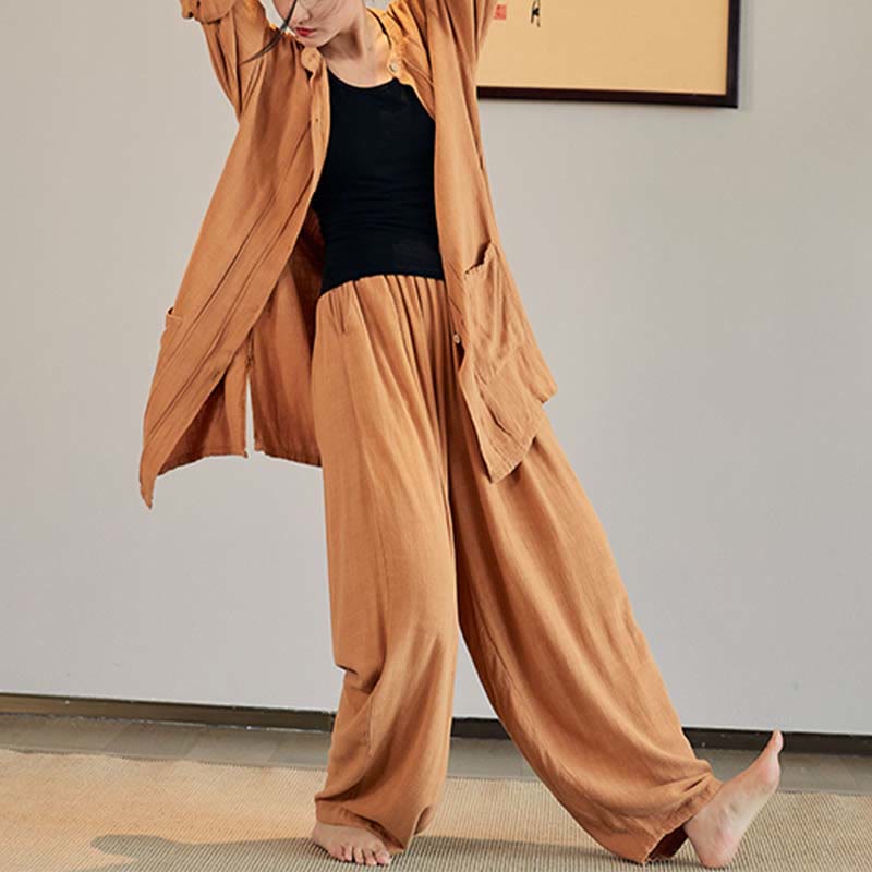 Buddha Stones Plain Long Sleeve Coat Jacket Top Pantaloni a gamba larga Zen Tai Chi Yoga Meditazione Abbigliamento - image 25