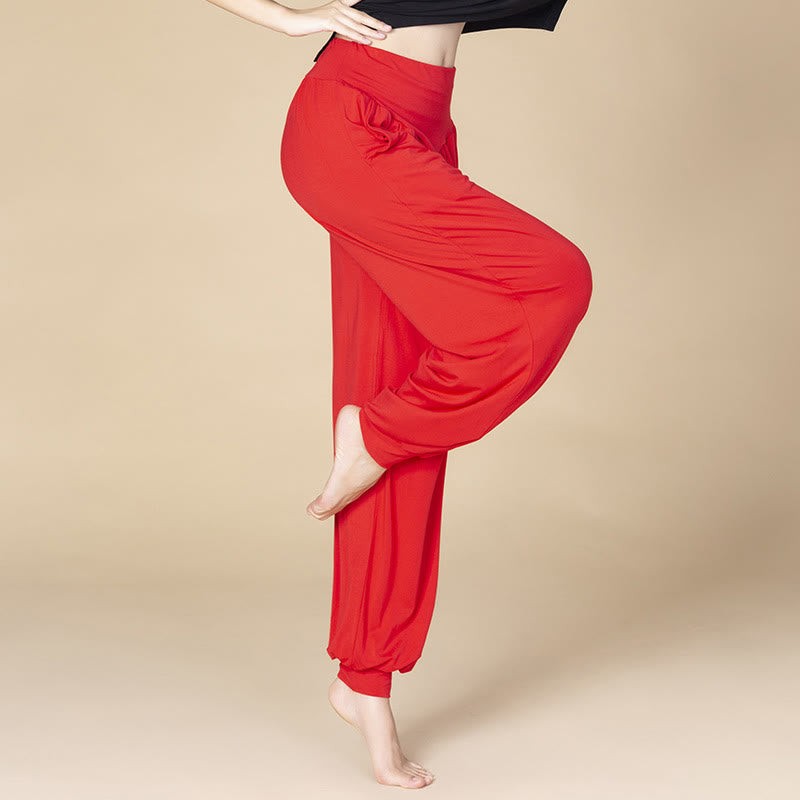 Pantaloni harem a vita alta con tasche, in modal tinta unita, per yoga e danza, Buddha Stones - Rosso - US14, UK/AU18, EU46 (3XL) - image 4