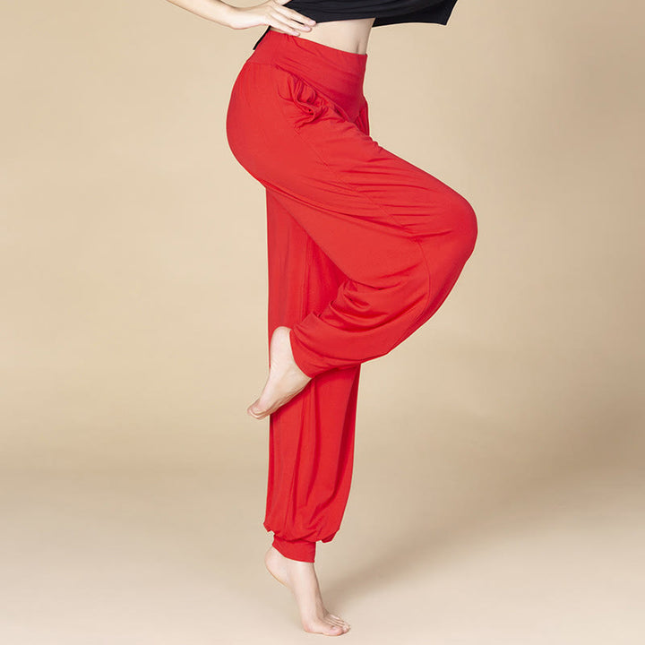 Pantaloni harem a vita alta con tasche, in modal tinta unita, per yoga e danza, Buddha Stones - Rosso - US14, UK/AU18, EU46 (3XL) - image 4