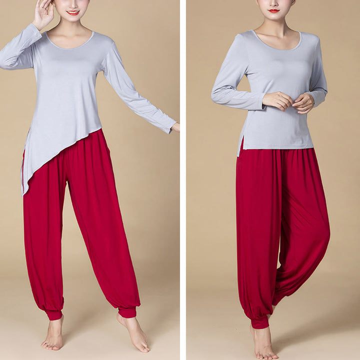 Pantaloni harem a vita alta con tasche, in modal tinta unita, per yoga e danza, Buddha Stones - image 20