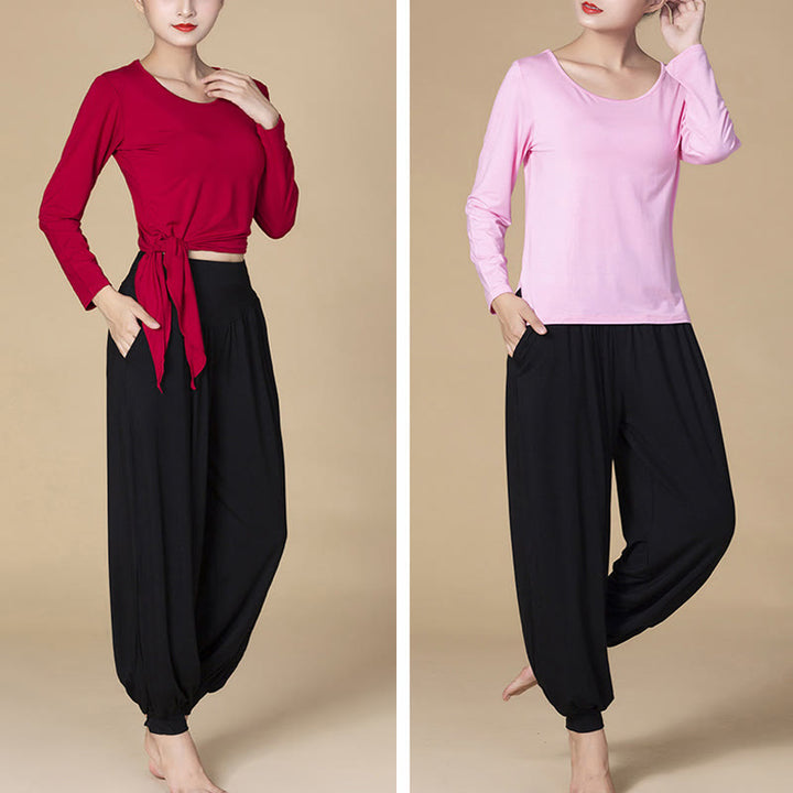 Pantaloni harem a vita alta con tasche, in modal tinta unita, per yoga e danza, Buddha Stones - image 9