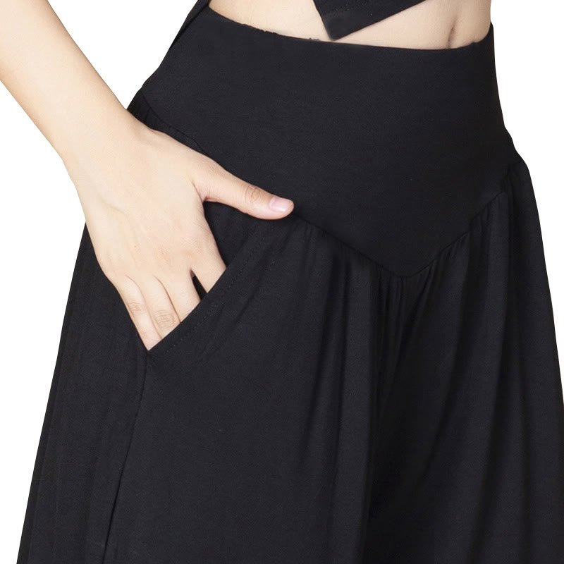 Pantaloni harem a vita alta con tasche, in modal tinta unita, per yoga e danza, Buddha Stones - image 10