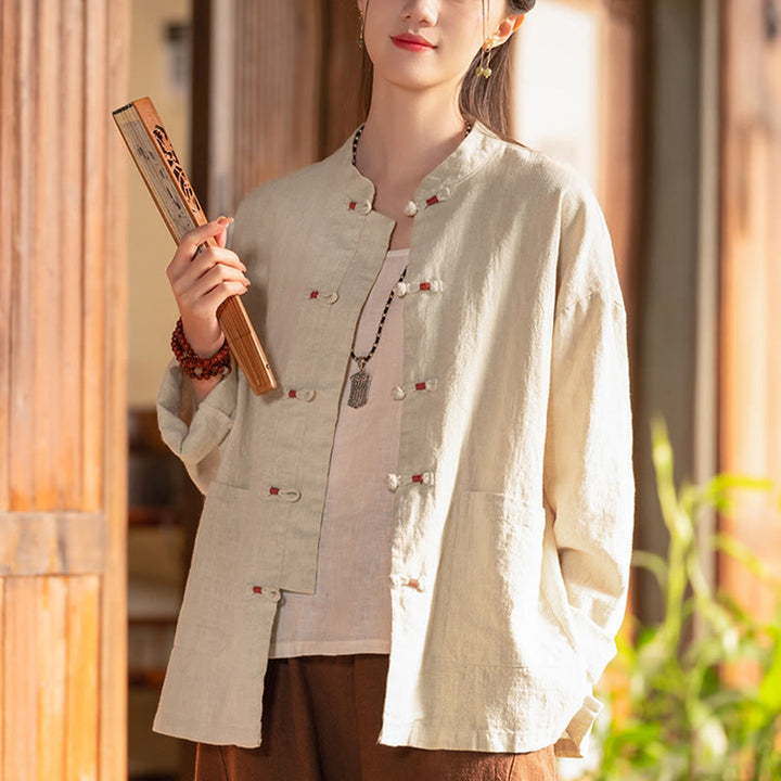 Camicia con bottoni a forma di rana Buddha Stones, abbigliamento da meditazione zen, giacca in cotone e lino - Beige (seno 120 cm) (solo parte superiore) - image 0