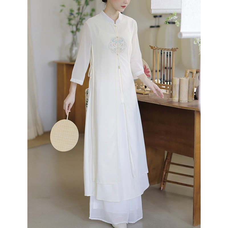 Buddha Stones Ricamo Chiffon Cheongsam Midi Vestito Pantaloni Gamba Larga Meditazione Zen Pratica Abbigliamento - image 10