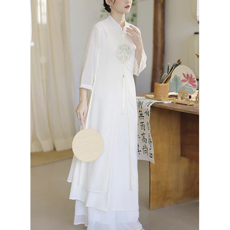Buddha Stones Ricamo Chiffon Cheongsam Midi Vestito Pantaloni Gamba Larga Meditazione Zen Pratica Abbigliamento - image 12