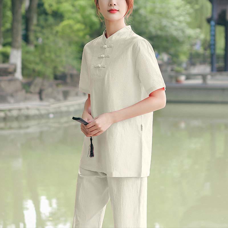 Buddha Stones 2 pezzi da donna manica corta maglietta top pantaloni meditazione zen tai chi cotone lino abbigliamento set - Beige (Top e pantaloni) - US18, UK/AU22, EU50 (6XL) - image 6