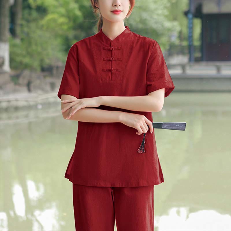 Buddha Stones 2 pezzi da donna manica corta maglietta top pantaloni meditazione zen tai chi cotone lino abbigliamento set - Borgogna (Top e pantaloni) - US18, UK/AU22, EU50 (6XL) - image 8