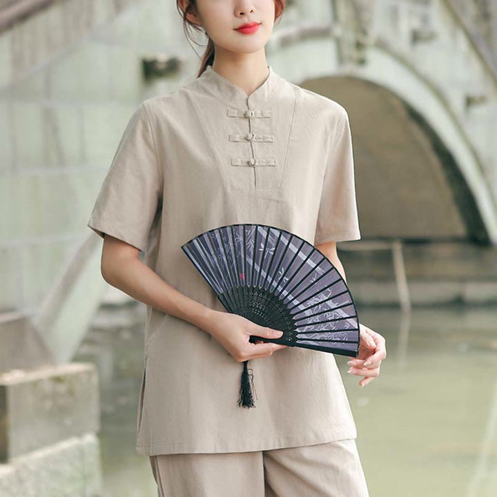 Buddha Stones 2 pezzi da donna manica corta maglietta top pantaloni meditazione zen tai chi cotone lino abbigliamento set - Cachi (top e pantaloni) - US18, UK/AU22, EU50 (6XL) - image 0