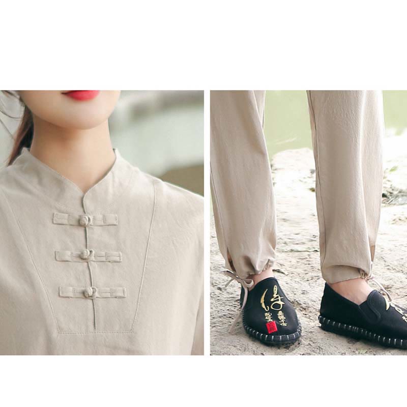 Buddha Stones 2 pezzi da donna manica corta maglietta top pantaloni meditazione zen tai chi cotone lino abbigliamento set - image 2