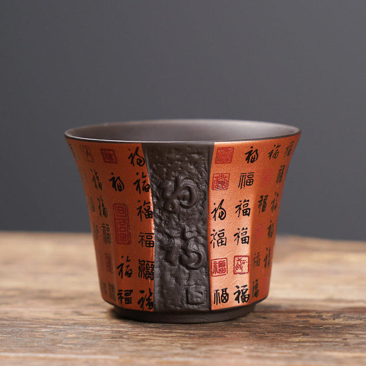Buddha Stones Piccola Tazza da tè in ceramica viola con carattere Fu Tazza da tè Kung Fu 50 ml