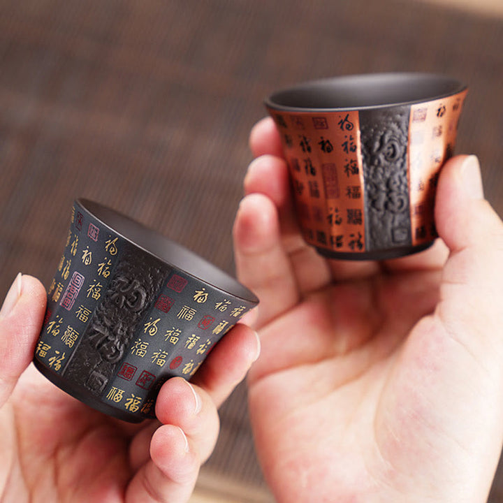 Buddha Stones Piccola Tazza da tè in ceramica viola con carattere Fu Tazza da tè Kung Fu 50 ml