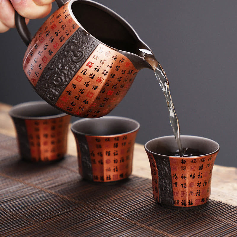 Buddha Stones Piccola Tazza da tè in ceramica viola con carattere Fu Tazza da tè Kung Fu 50 ml