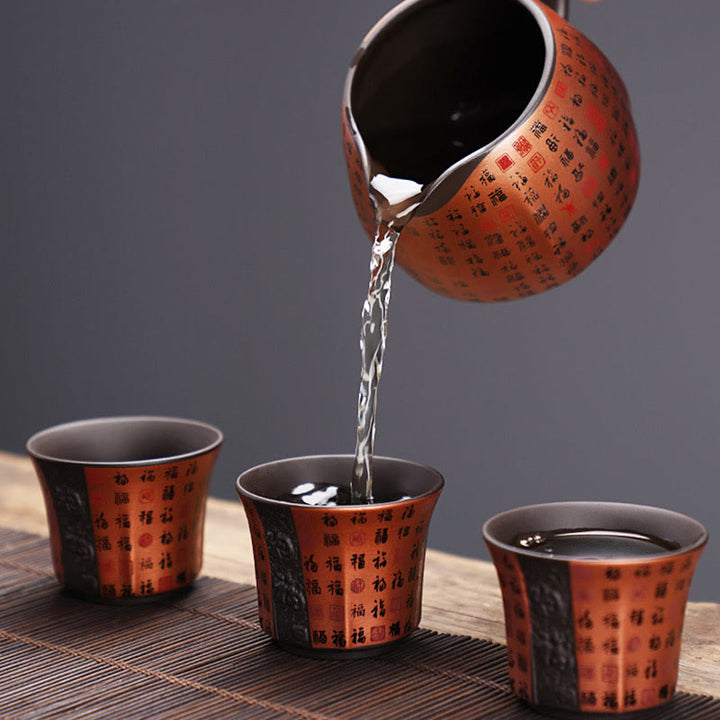 Buddha Stones Piccola Tazza da tè in ceramica viola con carattere Fu Tazza da tè Kung Fu 50 ml